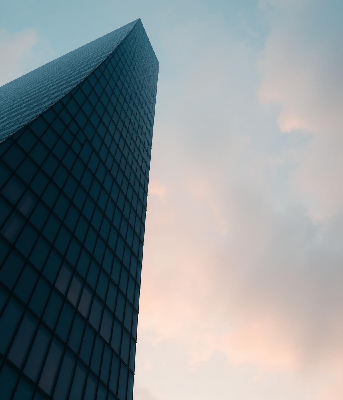 Modern glass skyscraper reflecting sunset